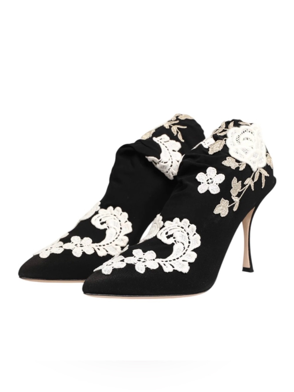 DOLCE & GABBANA BLACK WHITE EMBROIDERED JERSEY STILETTO BOOTS WOMEN'S SHOES S 37